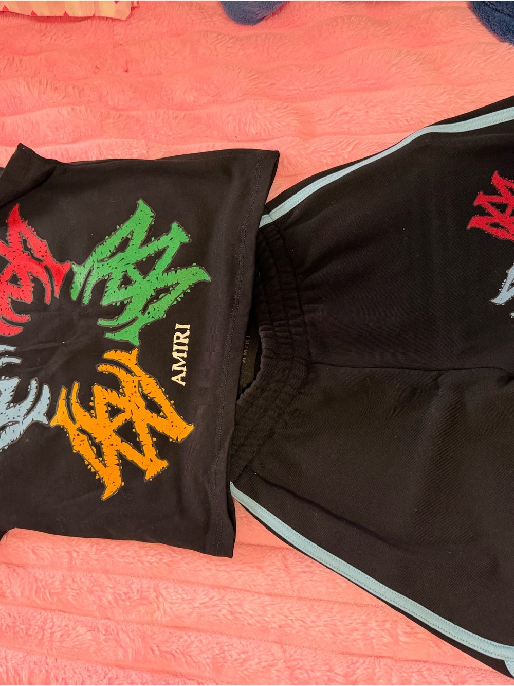 AMIRI Kids Black Sweatpants with Multicolor Graphic and Light Blue Trim